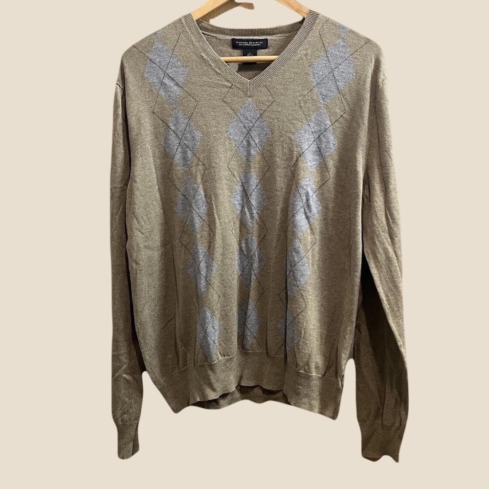 Banana Republic Sweater Men Large Tan Argyle Silk Cotton Cashmere VNeck Pullover